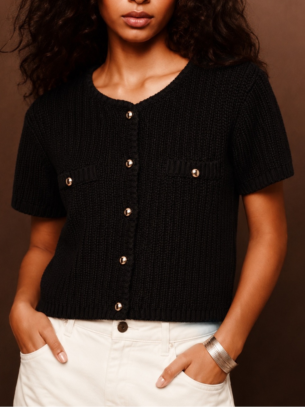 H&M Black Textured Short Sleeve Cardigan with Gold Buttons